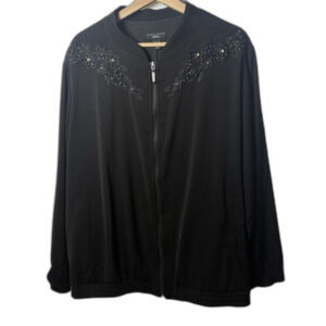 Susan Graver Jacket Womens 3XL Black Embellished Lace Peachskin Zip Light Bomber
